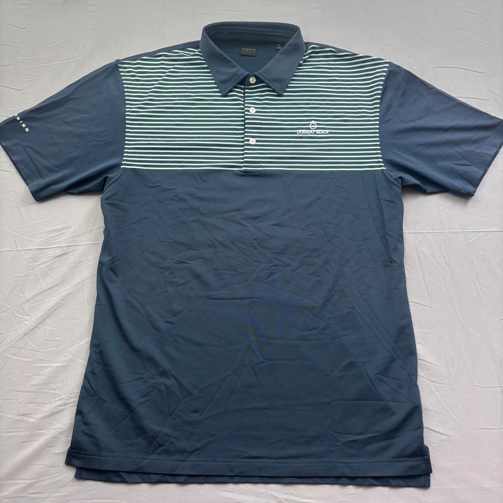 Dunning Golf Mens XL Polo Shirt Navy Blue Mint Green Striped Dorado Beach Logo